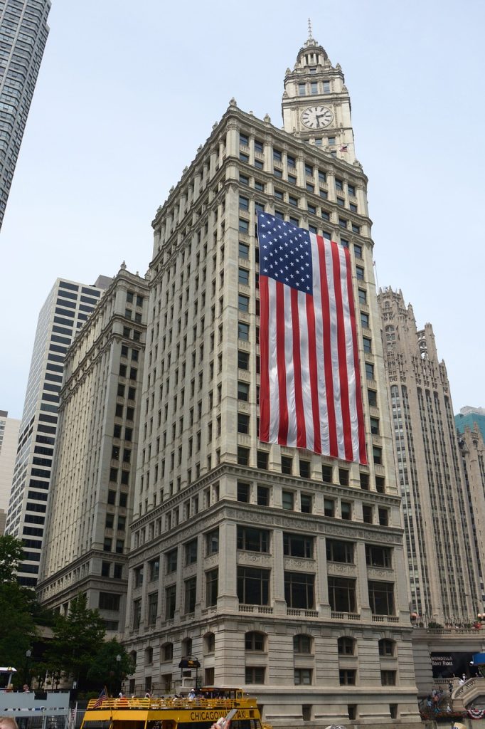 chicago, american flag, skyscraper